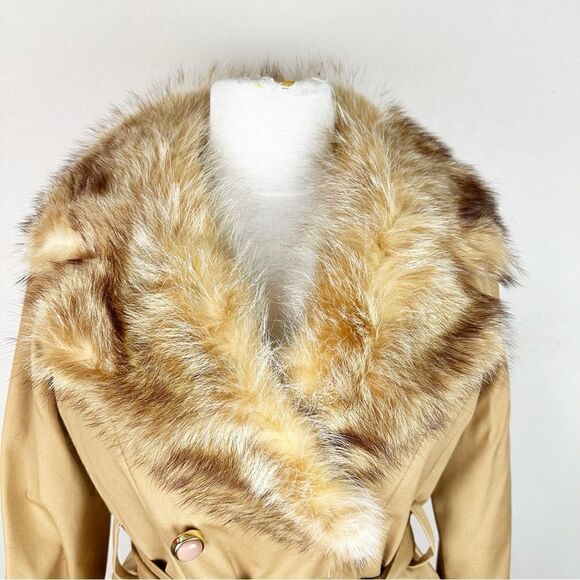 Vintage 1970 Penny Lane Racoon Fur Trim Coat Jacket Winter Waist Tie Trench - Picture 2 of 11